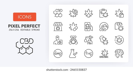 Iconos de línea sobre cannabidiol. Contiene iconos como el símbolo molecular de CBD, tratamientos, beneficios médicos y más. Trazo de Vector editable. 256 Píxeles Perfecto escalable a 128px...