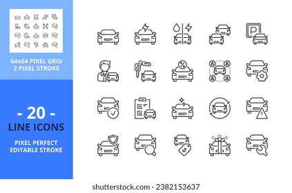 Zeilensymbole zum Autohaus. Enthält Symbole wie Verkauf, Vermietung, Vergleiche, Fahrzeugmerkmale und Wartung. Bearbeitbarer Strich. Vektor - perfektes Raster mit 64 Pixel