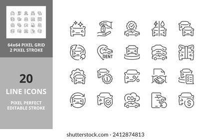 Line icons about car dealership. Editable vector stroke. 64 and 256 Pixel Perfect scalable to 128px...