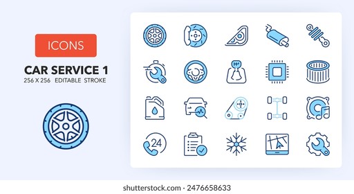 Line icons about car services. Contains such icons as tire, fast service, brakes and more. 256x256 Pixel Perfect editable in two colors. Set 1 of 2