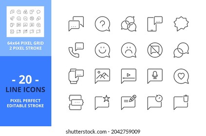 Line Icons About Chat Bubbles. Communication Concepts. Contains Such Icons As Instant Messaging, Social Media, Video, Audio, Pictures And Emoji. Editable Stroke. Vector - 64 Pixel Perfect Grid