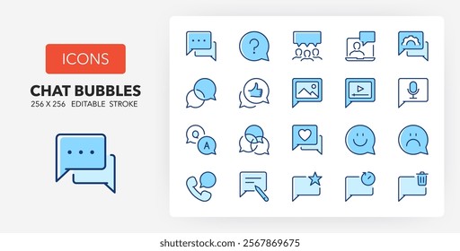 Line icons about chat bubbles. Contains such icons as faq, comment, favorite and more. 256x256 Pixel Perfect editable in two colors