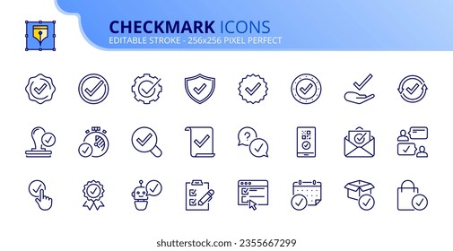 Line icons about checkmark. Contains such icons as checked, approved, certified, accepted and validation. Editable stroke Vector 256x256 pixel perfect svg