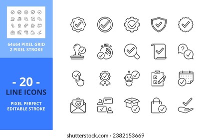 Line icons about checkmark. Contains such icons as checked, approved, certified, accepted and validation. Editable stroke. Vector - 64 pixel perfect grid