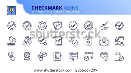 Line icons about checkmark. Contains such icons as checked, approved, certified, accepted and validation. Editable stroke Vector 256x256 pixel perfect