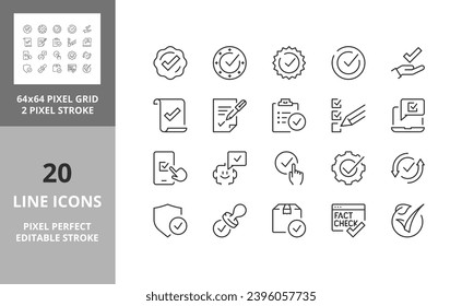 Line icons about checkmark and quality product. Editable vector stroke. 64 and 256 Pixel Perfect scalable to 128px...