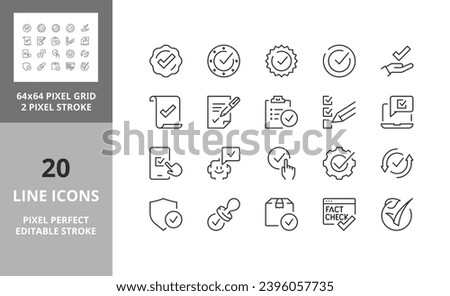 Line icons about checkmark and quality product. Editable vector stroke. 64 and 256 Pixel Perfect scalable to 128px...