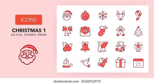 Line icons about christmas. Contains such icons as santa, gift box, winter and more. 256x256 Pixel Perfect editable in two colors. Set 1 of 2