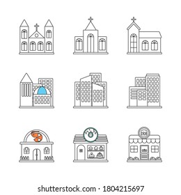 Line icons about churches and various buildings.
 svg