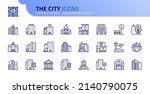 Line icons about the city. Contains such icons as apartments, office, bank, hospital, buildings, skyscraper, mall and park. Editable stroke Vector 256x256 pixel perfect
