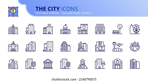 Line icons about the city. Contains such icons as apartments, office, bank, hospital, buildings, skyscraper, mall and park. Editable stroke Vector 256x256 pixel perfect