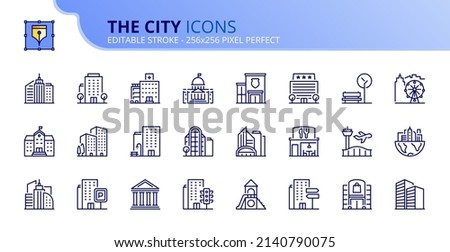 Line icons about the city. Contains such icons as apartments, office, bank, hospital, buildings, skyscraper, mall and park. Editable stroke Vector 256x256 pixel perfect