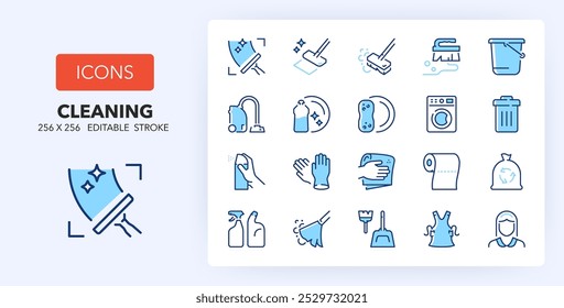 Line icons about cleaning. Contains such icons as dish washing, laundry, garbage and more. 256x256 Pixel Perfect editable in two colors