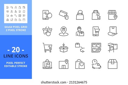Line icons about click and collect. Contains such icons as shopping, buy online, select location, store, locker, collect and pick up. Editable stroke. Vector - 64 pixel perfect grid