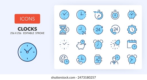 Line icons about clocks. Contains such icons as fast service, time management, fitness tracker and more. 256x256 Pixel Perfect editable in two colors