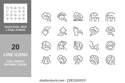 Line icons about co2, climate change and co2 emissions. Editable vector stroke. 64 and 256 Pixel Perfect scalable to 128px