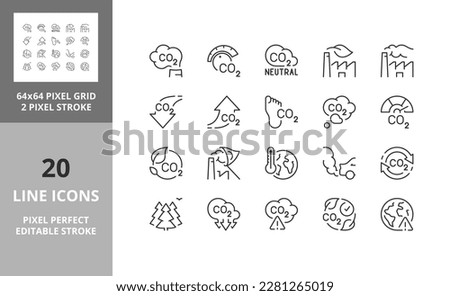 Line icons about co2, climate change and co2 emissions. Editable vector stroke. 64 and 256 Pixel Perfect scalable to 128px