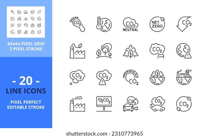 Line icons about co2 emissions. Contains such icons as tree planting, net zero, and reduced carbon dioxide. Editable stroke. Vector - 64 pixel perfect grid