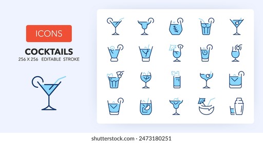 Line icons about cocktails and alcoholic drinks. Contains such icons as martini, gin tonic, margarita and more. 256x256 Pixel Perfect editable in two colors