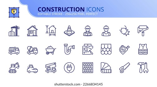 Line icons about construction. Contains such icons as architecture, workers, material, tools and construction vehicles. Editable stroke Vector 256x256 pixel perfect