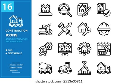 Ícones de linha sobre construção. Contém ícones como arquitetura, trabalhadores, material, ferramentas e veículos de construção. Vetor de traçado editável 