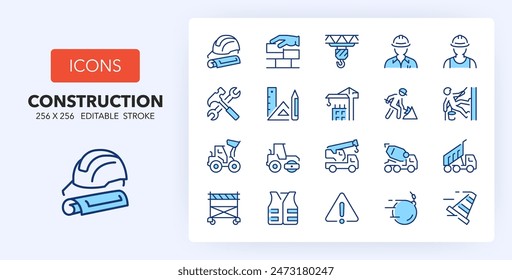 Line icons about construction industry. Contains such icons as architecture, machinery, equipment and more. 256x256 Pixel Perfect editable in two colors