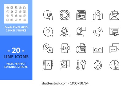 Line icons about contact and support. Contains such icons as call center, info, mail, location, chat, telephone, faq and message. Editable stroke. Vector - 64 pixel perfect grid