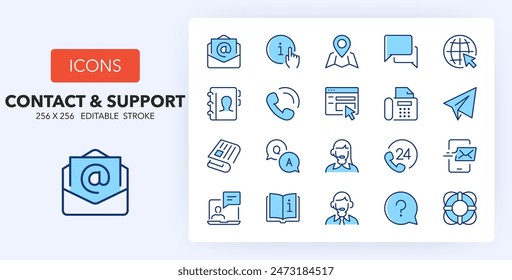 Line icons about contact and support. Contains such icons as customer service, information, call center and more. 256x256 Pixel Perfect editable in two colors