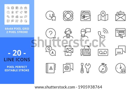 Line icons about contact and support. Contains such icons as call center, info, mail, location, chat, telephone, faq and message. Editable stroke. Vector - 64 pixel perfect grid