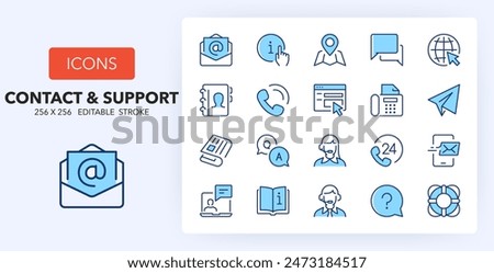 Line icons about contact and support. Contains such icons as customer service, information, call center and more. 256x256 Pixel Perfect editable in two colors