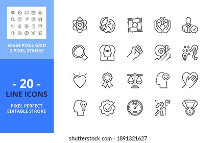 Line icons about core values. Contains such icons as social and evironment responsibility, transparency, empowerment and efficiency. Editable stroke. Vector - 64 pixel perfect grid.