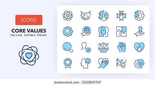 Iconos de línea sobre valores centrales. Contiene íconos como responsabilidad social, comunidad, integridad y más. 256x256 Pixel Perfecto editable en dos colores