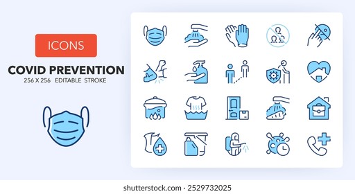 Iconos de línea sobre la prevención del coronavirus. Contiene iconos como el distanciamiento social, la máscara, los factores de riesgo y más. 256x256 Pixel Perfecto editable en dos colores