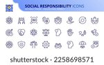 Line icons about corporate social responsibility. Contains such icons as core values, transparency, impact, ethical business and trust. Editable stroke Vector 256x256 pixel perfect