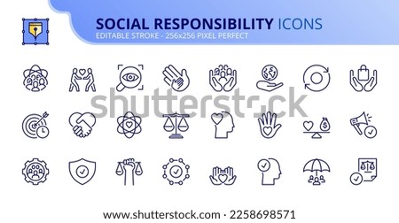 Line icons about corporate social responsibility. Contains such icons as core values, transparency, impact, ethical business and trust. Editable stroke Vector 256x256 pixel perfect