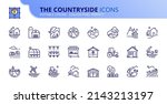 Line icons about the countryside. Contains such icons as rural house, farm, landscape mountain, nature, grove and lake. Editable stroke Vector 256x256 pixel perfect