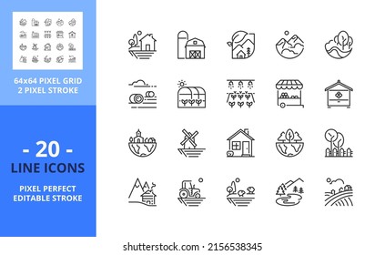 Line icons about the countryside. Contains such icons as rural house, farm, landscape mountain, nature, grove and lake. Editable stroke. Vector - 64 pixel perfect grid