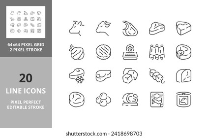 Line icons about cow and veal meats products. Editable vector stroke. 64 and 256 Pixel Perfect scalable to 128px...