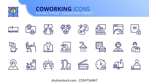 Line icons about coworking. Contains such icons as workplace, meeting room, recreation zone and services. Editable stroke Vector 256x256 pixel perfect