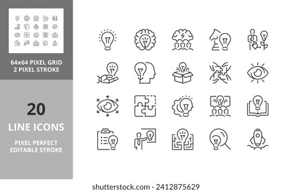 Line icons about creative ideas and solutions. Editable vector stroke. 64 and 256 Pixel Perfect scalable to 128px...