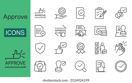 Line icons about creative ideas and solutions. Business icons of employee approval and their work. Vector illustration