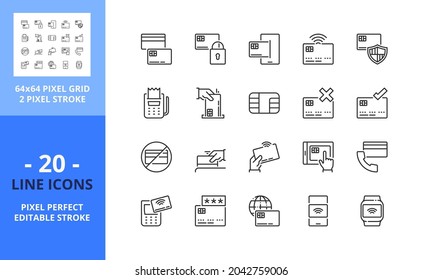 Iconos de línea sobre la tarjeta de crédito. Concepto de finanzas. Contiene iconos como el pago, el chip, el golpe magnético, la tarjeta de grifo y el contacto sin contacto. Trazo editable. Vector: cuadrícula perfecta de 64 píxeles