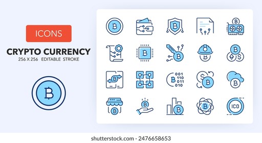 Line icons about crypto currencies. Contains such icons as block chain, transfer, equipment and more. 256x256 Pixel Perfect editable in two colors