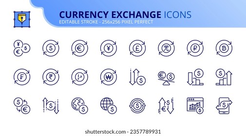 Line icons about currency exchange. Contains such icons as track exchange rate, dollar, euro, yen and pound symbol. Editable stroke Vector 256x256 pixel perfect