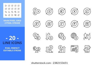 Line icons about currency exchange. Contains such icons as track exchange rate, dollar, euro, yen and pound symbol. Editable stroke. Vector - 64 pixel perfect grid