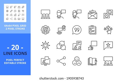 Line Icons About Customer Testimonial. Contains Such Icons As Marketing, Feedback, Review, Crm, Appreciation, Rating And User. Editable Stroke. Vector - 64 Pixel Perfect Grid