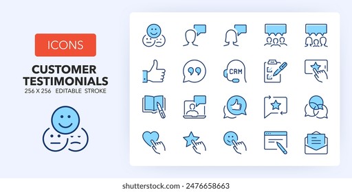 Line icons about customer testimonials. Contains such icons as ranking, feedback, quote and more. 256x256 Pixel Perfect editable in two colors