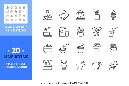 Line icons about dairy products. Contains such icons as milk, yogurt, cheese, ice cream, butter, and cream. Editable stroke. Vector - 64 pixel perfect grid