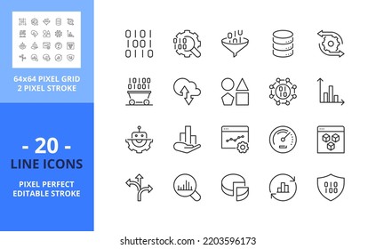 Line icons about data analytics. Contains such icons as mining, processing, monitoring, modeling and management big data and statistics. Editable stroke. Vector - 64 pixel perfect grid