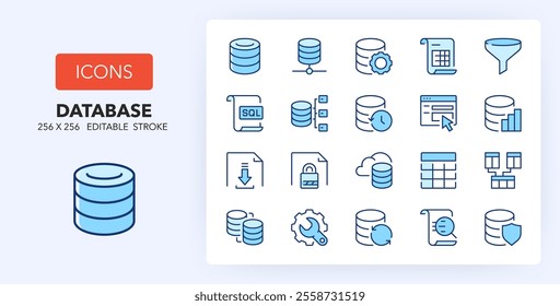 Line icons about database and data technology. Contains such icons as server, storage, security and more. 256x256 Pixel Perfect editable in two colors